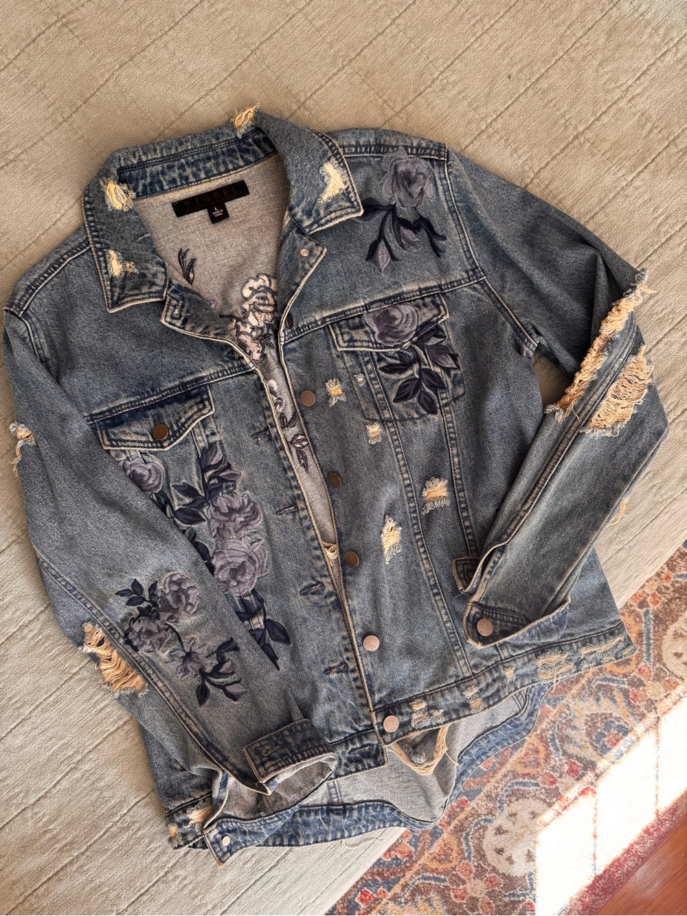 Tinsel Distressed Denim Jacket with Purple Floral Embroidery - Blue
